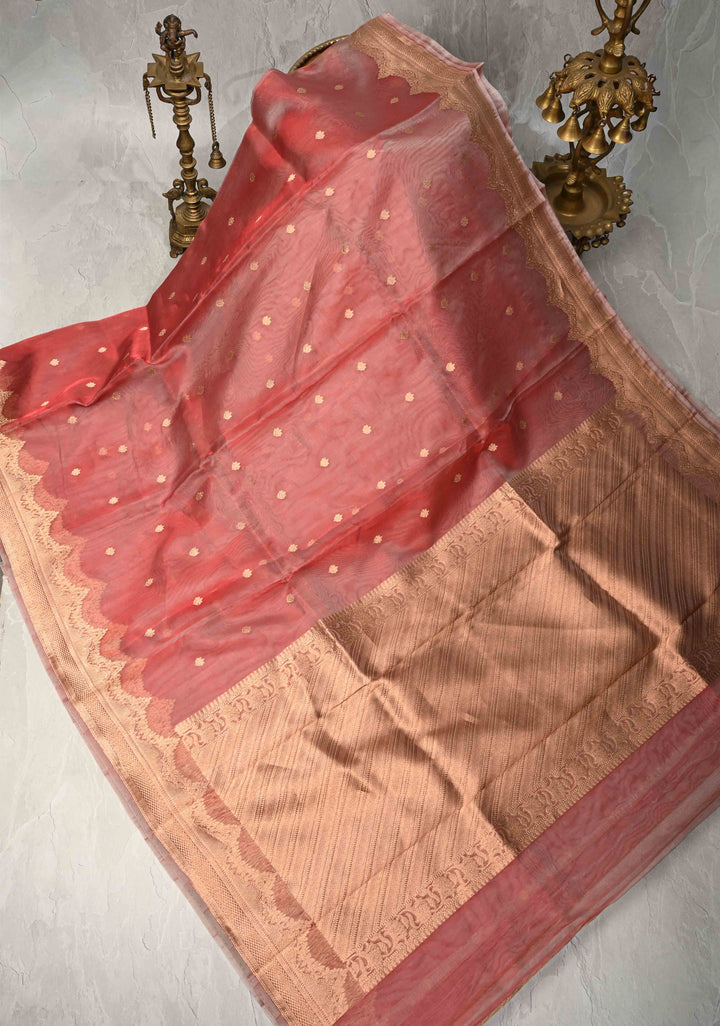 Coral Pink Pure Banarasi Organza Silk Handloom Saree with Zari Buttas and Scallop Border | SILK MARK CERTIFIED