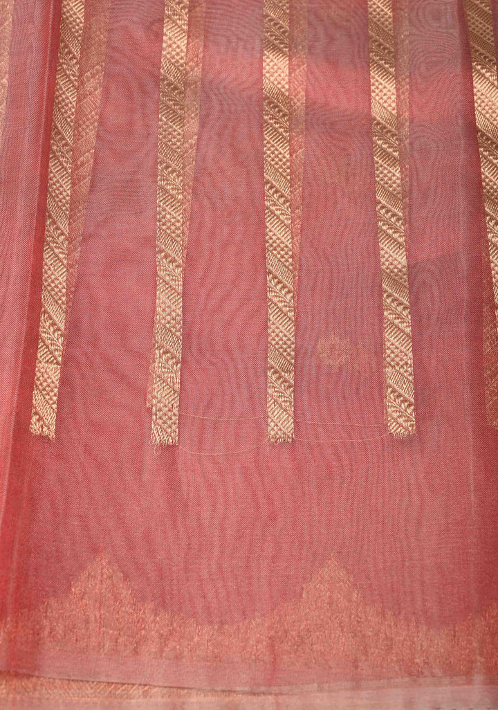 Coral Pink Pure Banarasi Organza Silk Handloom Saree with Zari Buttas and Scallop Border | SILK MARK CERTIFIED