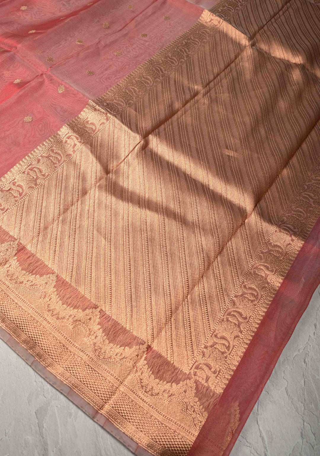 Coral Pink Pure Banarasi Organza Silk Handloom Saree with Zari Buttas and Scallop Border | SILK MARK CERTIFIED
