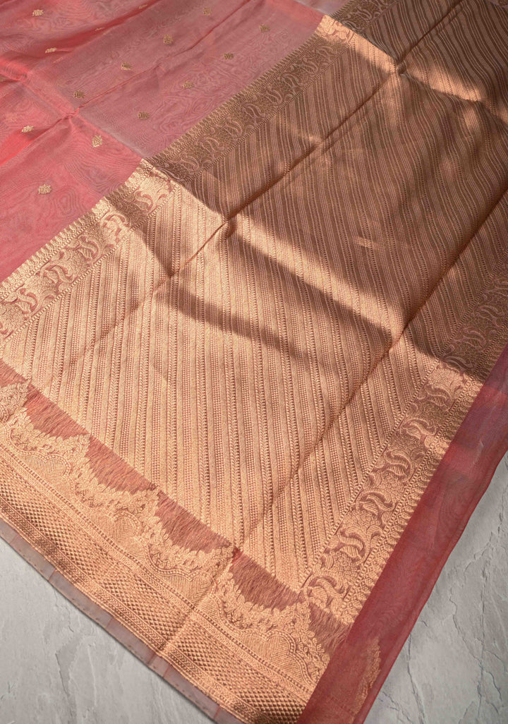 Coral Pink Pure Banarasi Organza Silk Handloom Saree with Zari Buttas and Scallop Border | SILK MARK CERTIFIED