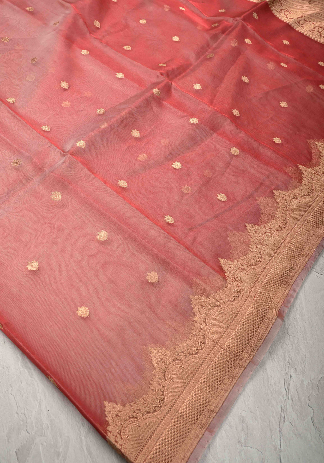 Coral Pink Pure Banarasi Organza Silk Handloom Saree with Zari Buttas and Scallop Border | SILK MARK CERTIFIED