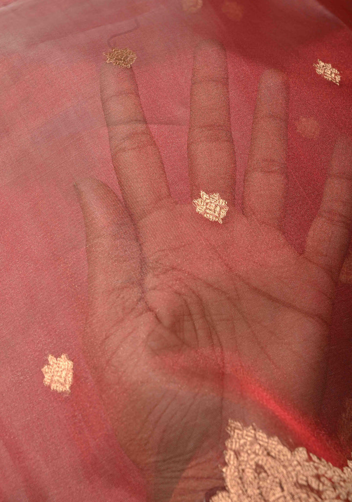 Coral Pink Pure Banarasi Organza Silk Handloom Saree with Zari Buttas and Scallop Border | SILK MARK CERTIFIED