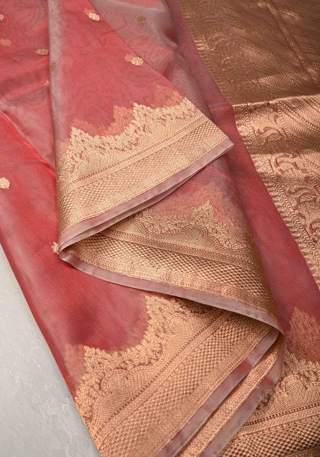 Coral Pink Pure Banarasi Organza Silk Handloom Saree with Zari Buttas and Scallop Border | SILK MARK CERTIFIED