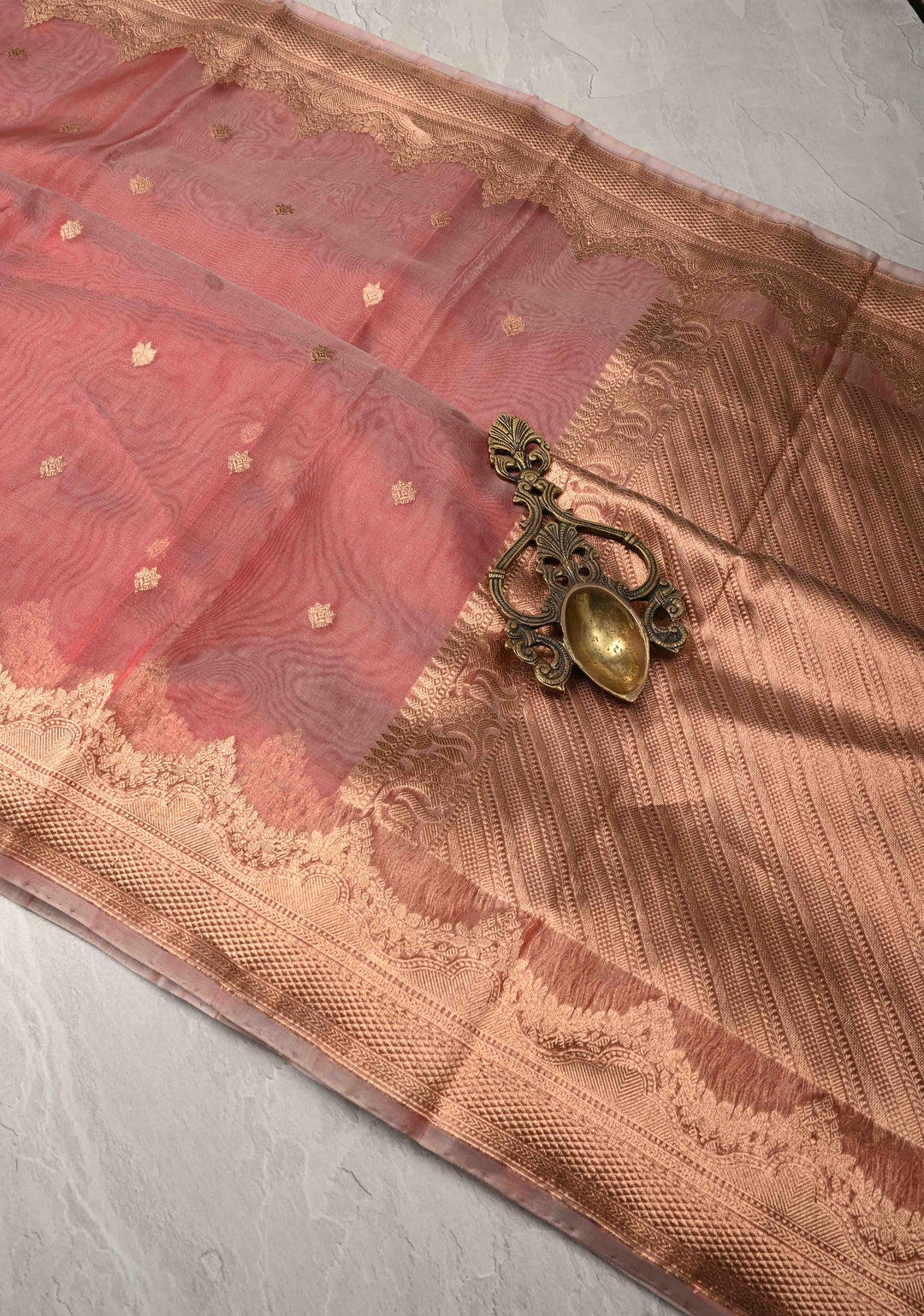 Coral Pink Pure Banarasi Organza Silk Handloom Saree with Zari Buttas and Scallop Border | SILK MARK CERTIFIED