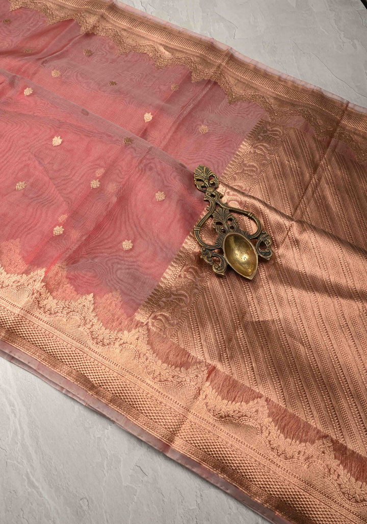 Coral Pink Pure Banarasi Organza Silk Handloom Saree with Zari Buttas and Scallop Border | SILK MARK CERTIFIED