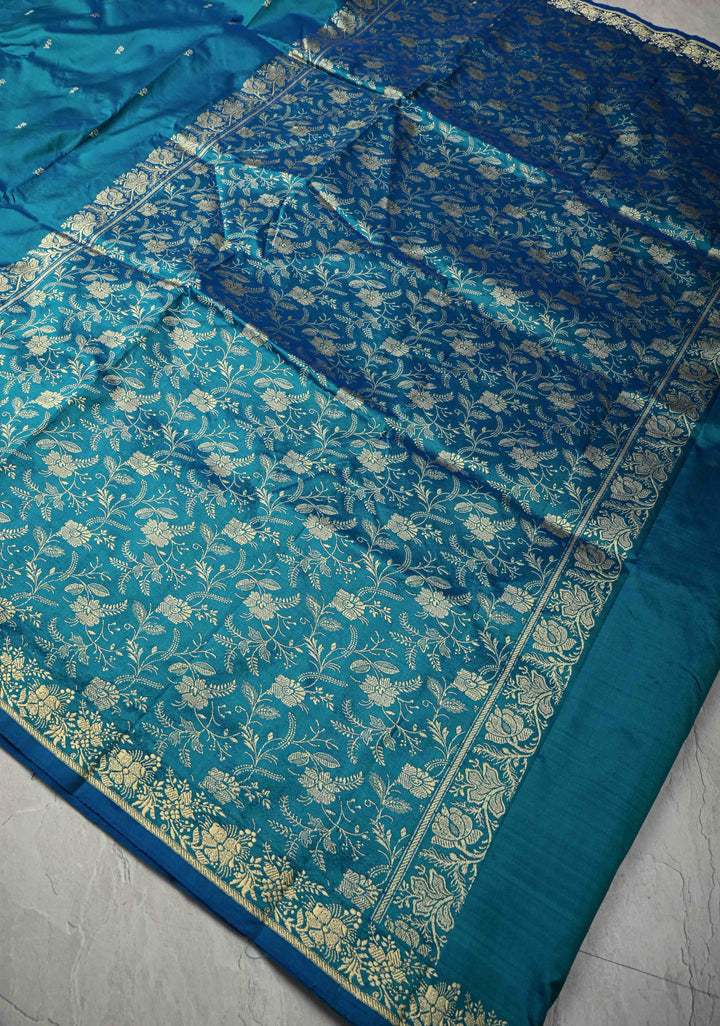 Peacock Blue Pure Banarasi Lightweight Katan Silk Saree with Floral Butti and Minimal Zari Border | SILK MARK CERTIFIED