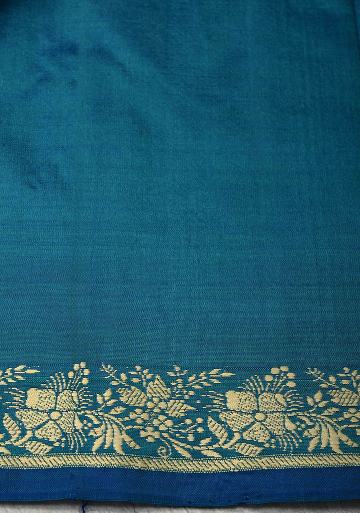 Peacock Blue Pure Banarasi Lightweight Katan Silk Saree with Floral Butti and Minimal Zari Border | SILK MARK CERTIFIED