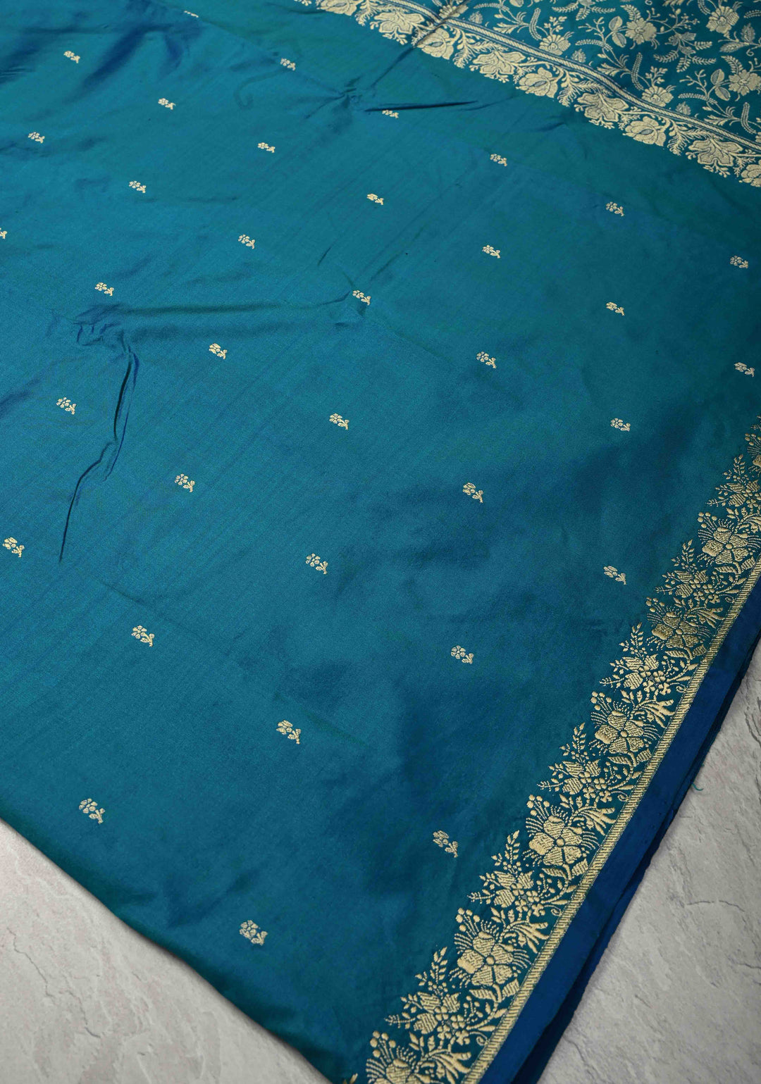Peacock Blue Pure Banarasi Lightweight Katan Silk Saree with Floral Butti and Minimal Zari Border | SILK MARK CERTIFIED