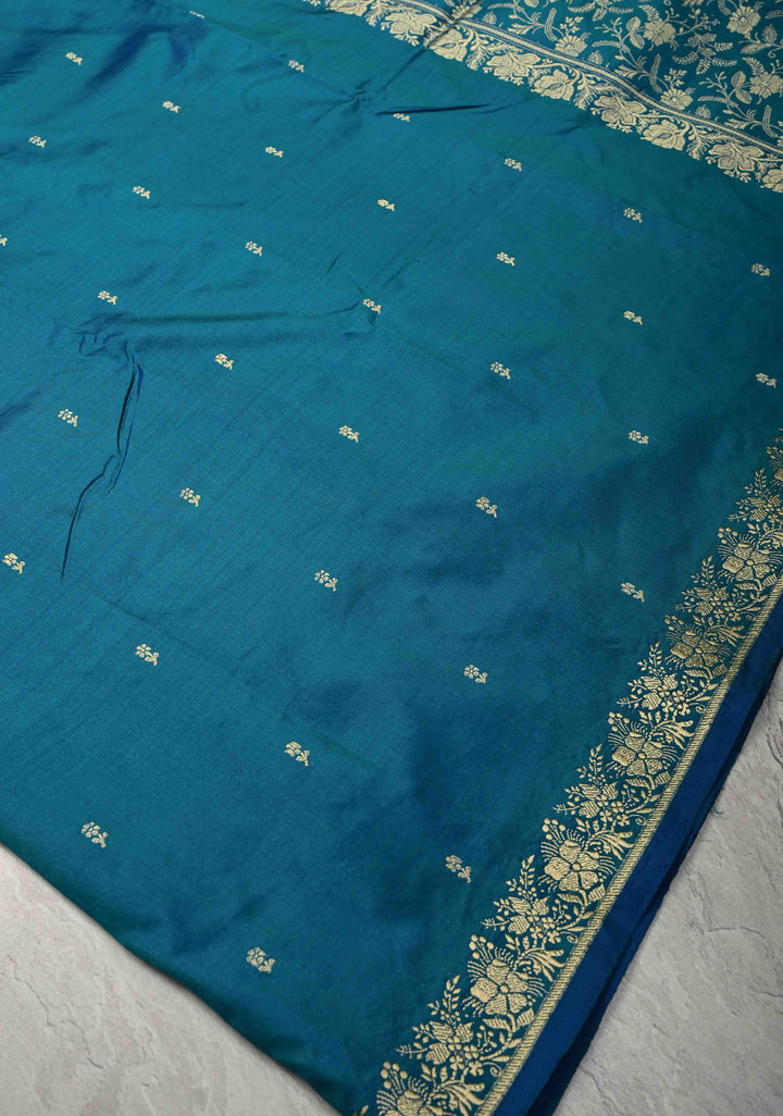 Peacock Blue Pure Banarasi Lightweight Katan Silk Saree with Floral Butti and Minimal Zari Border | SILK MARK CERTIFIED