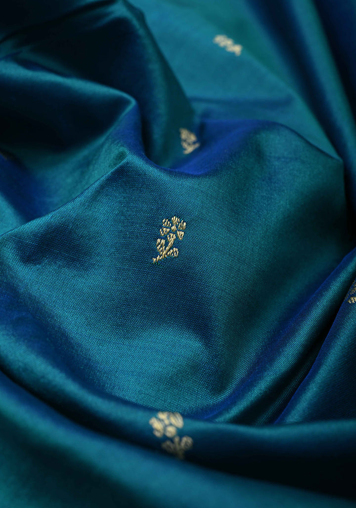 Peacock Blue Pure Banarasi Lightweight Katan Silk Saree with Floral Butti and Minimal Zari Border | SILK MARK CERTIFIED