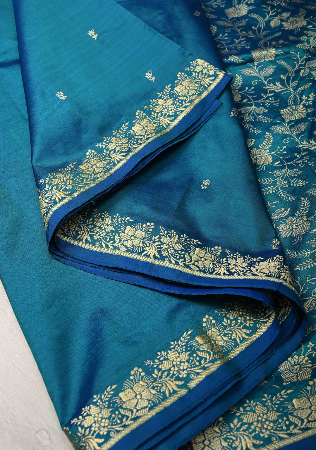 Peacock Blue Pure Banarasi Lightweight Katan Silk Saree with Floral Butti and Minimal Zari Border | SILK MARK CERTIFIED
