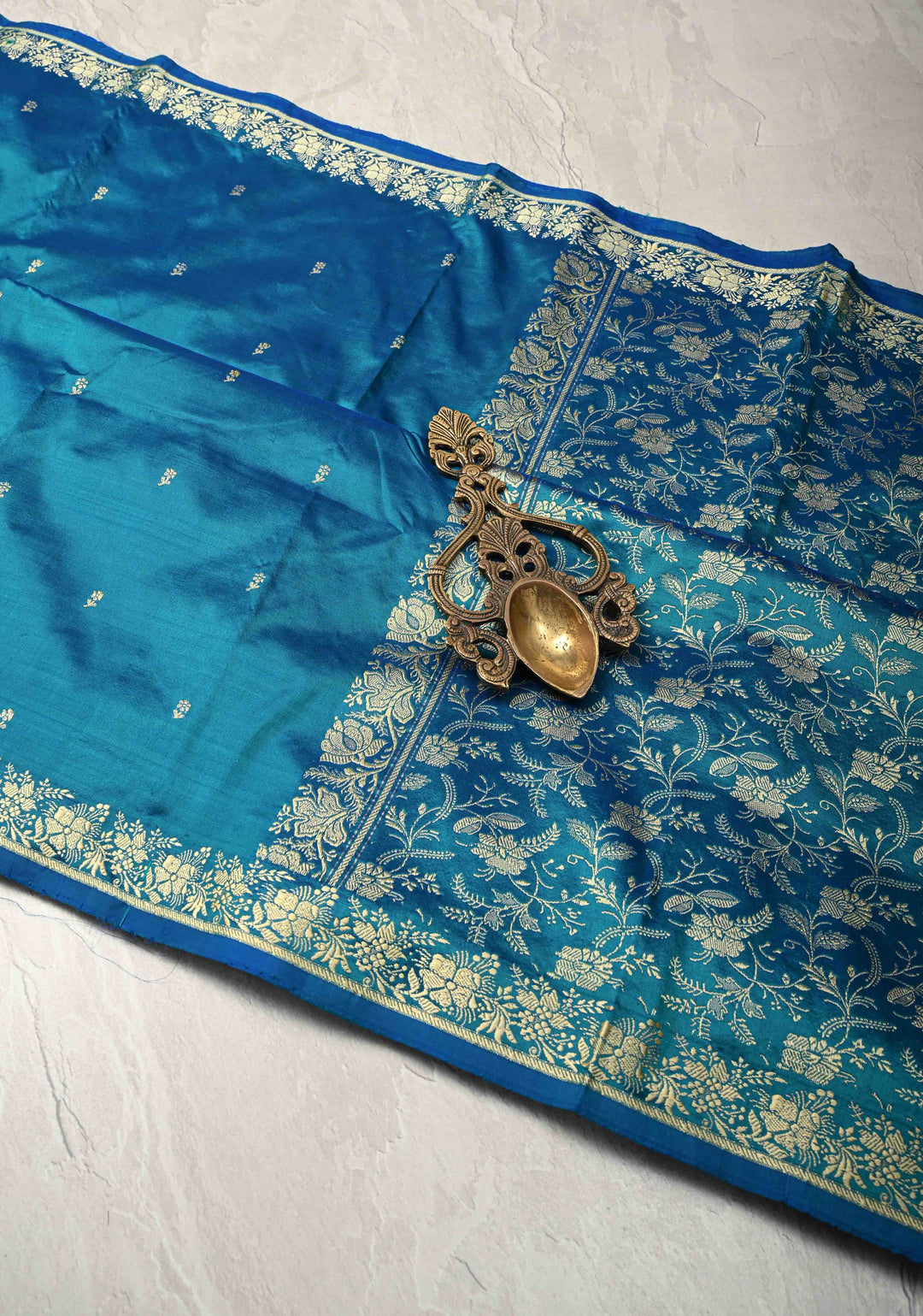 Peacock Blue Pure Banarasi Lightweight Katan Silk Saree with Floral Butti and Minimal Zari Border | SILK MARK CERTIFIED