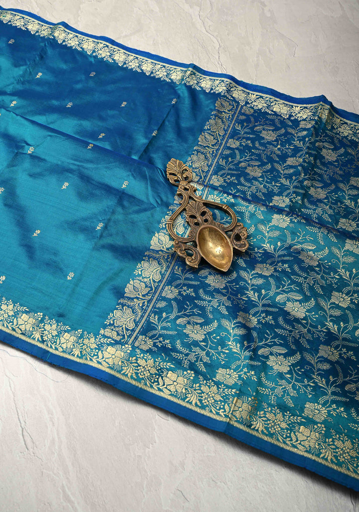 Peacock Blue Pure Banarasi Lightweight Katan Silk Saree with Floral Butti and Minimal Zari Border | SILK MARK CERTIFIED