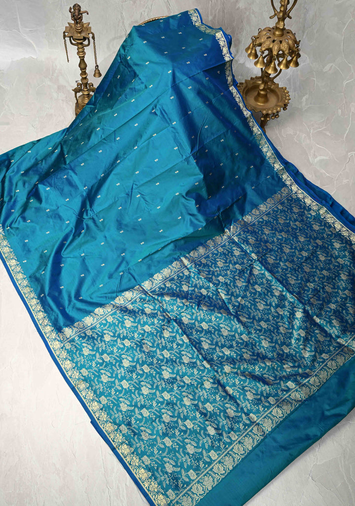 Peacock Blue Pure Banarasi Lightweight Katan Silk Saree with Floral Butti and Minimal Zari Border | SILK MARK CERTIFIED