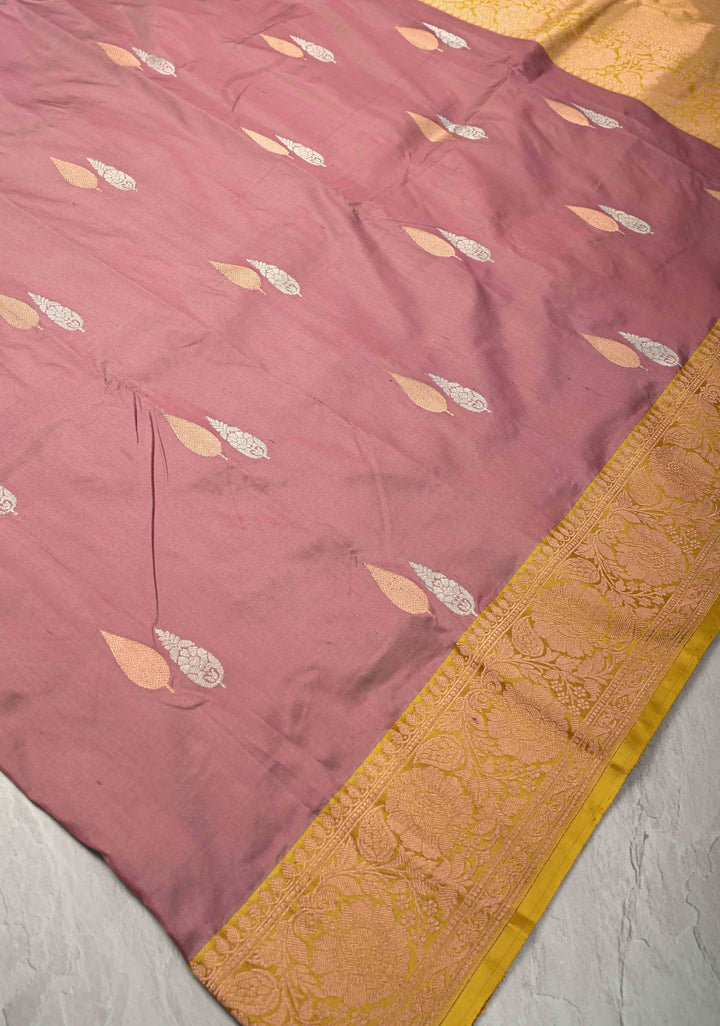 Dusty Mauve Katan Silk Handloom Saree with Sona Rupa Buttas and Contrast Zari Border | SILK MARK CERTIFIED