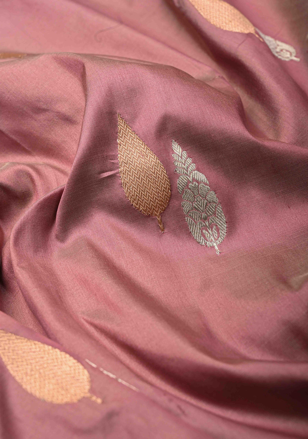 Dusty Mauve Katan Silk Handloom Saree with Sona Rupa Buttas and Contrast Zari Border | SILK MARK CERTIFIED
