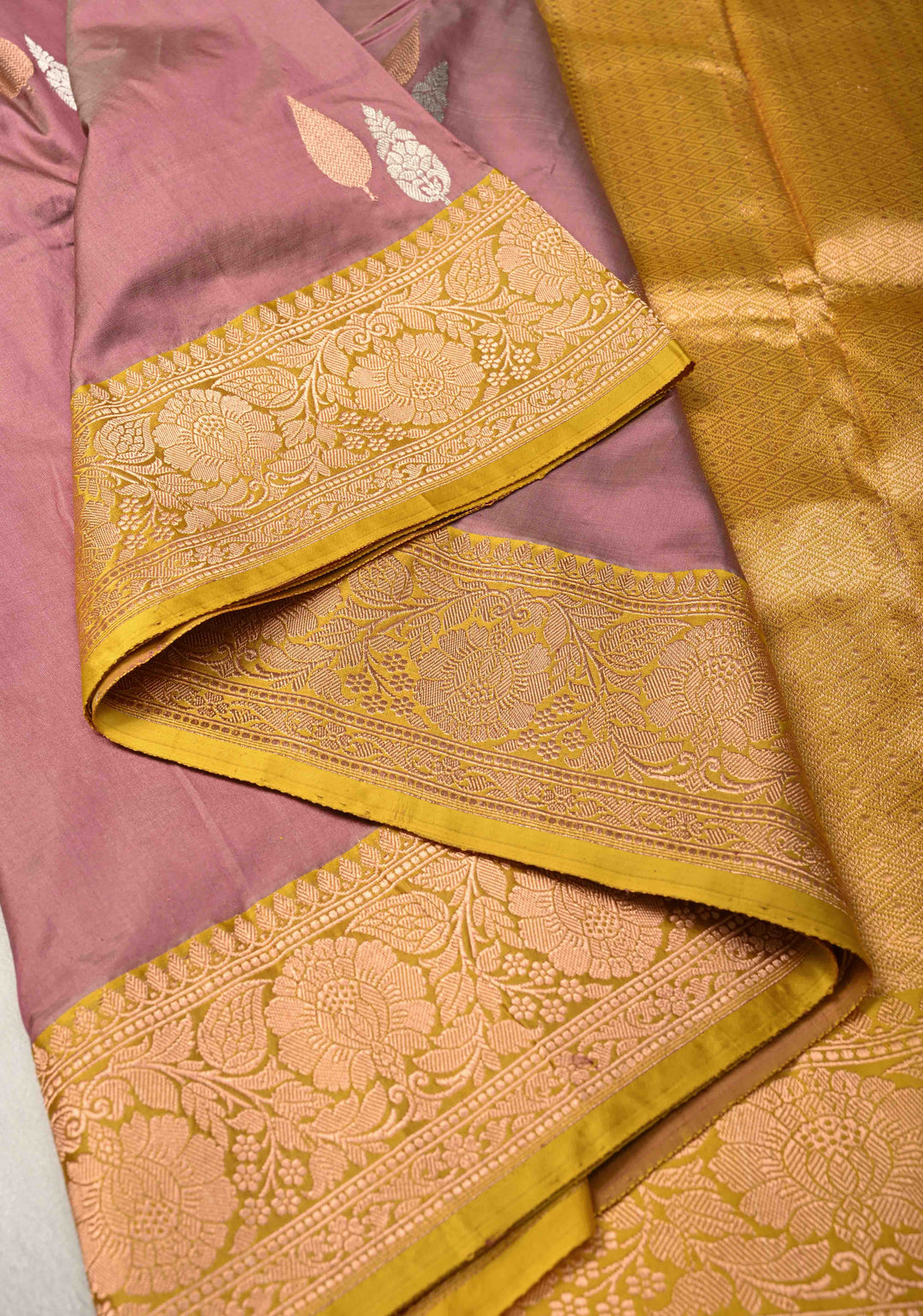 Dusty Mauve Katan Silk Handloom Saree with Sona Rupa Buttas and Contrast Zari Border | SILK MARK CERTIFIED