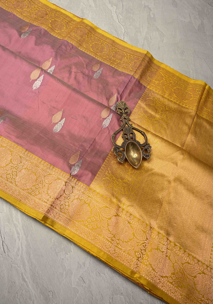 Dusty Mauve Katan Silk Handloom Saree with Sona Rupa Buttas and Contrast Zari Border | SILK MARK CERTIFIED