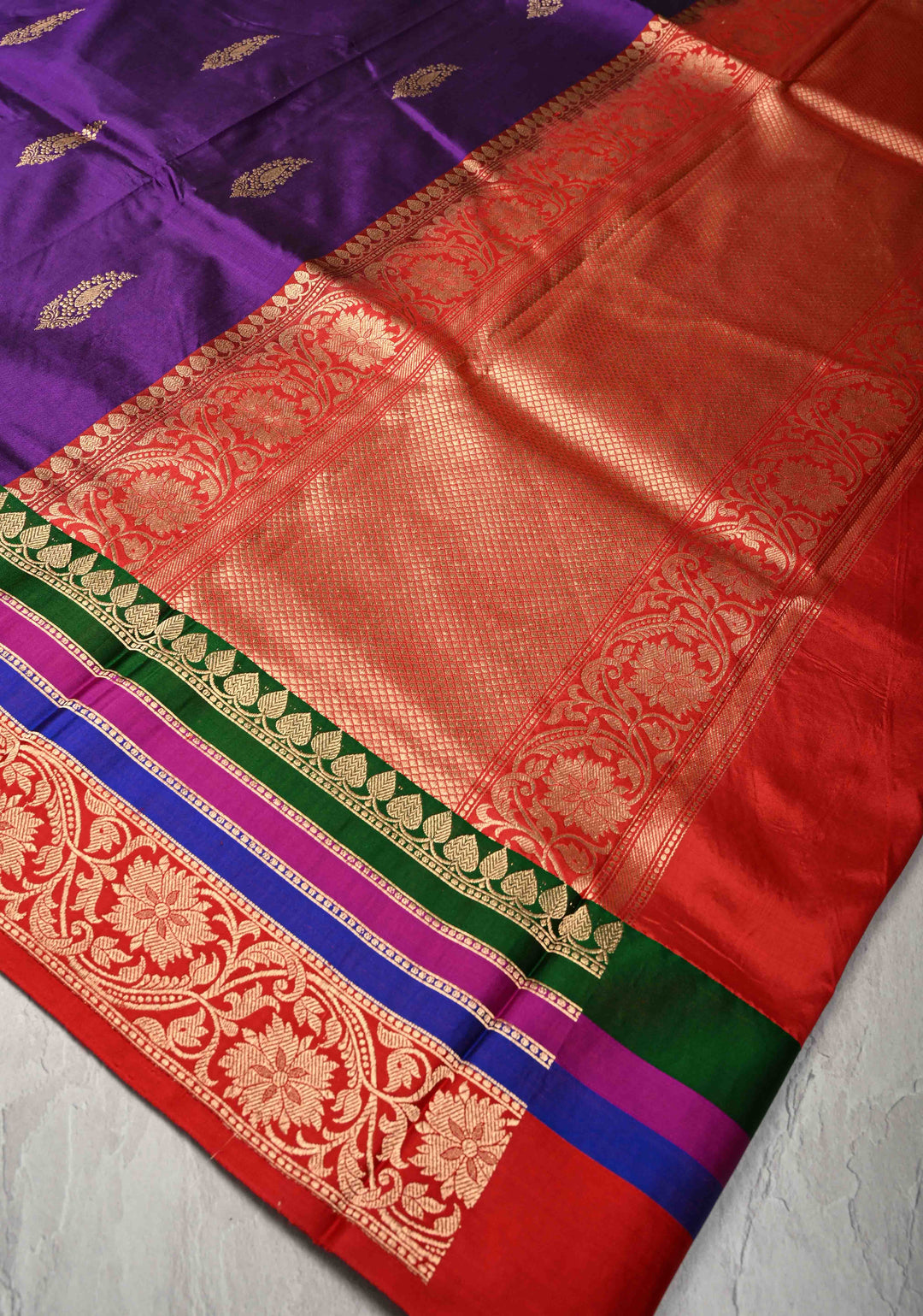 Purple Banarasi Katan Silk Saree with Jazi Buttas and Contrast Panel Border | SILK MARK CERTIFIED