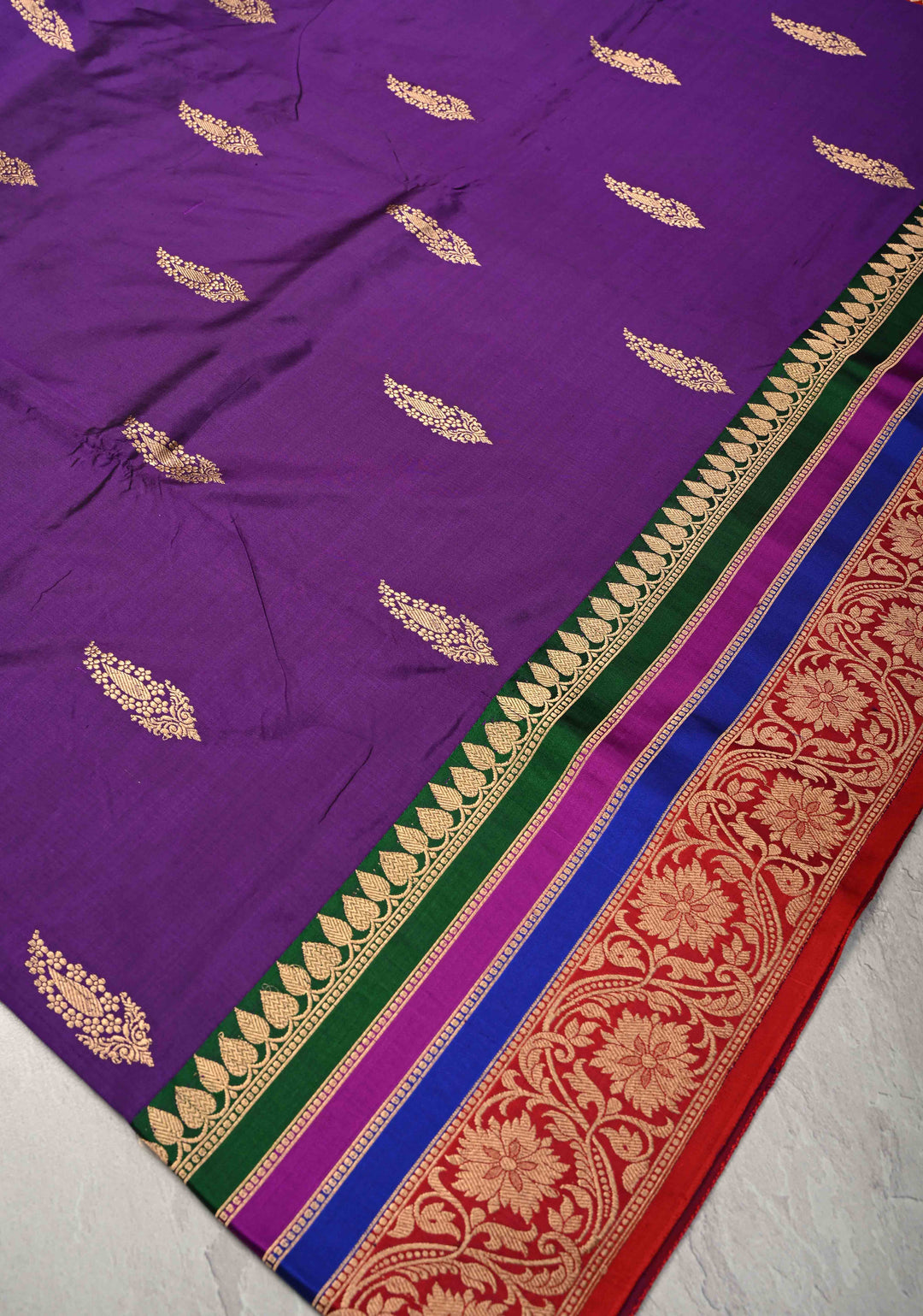 Purple Banarasi Katan Silk Saree with Jazi Buttas and Contrast Panel Border | SILK MARK CERTIFIED