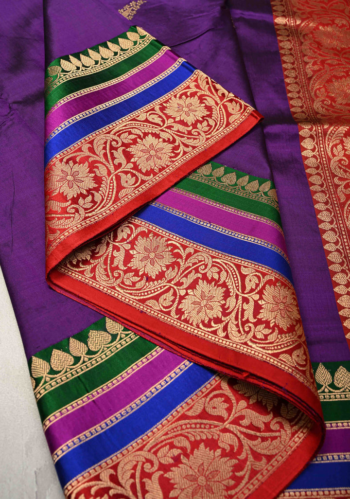 Purple Banarasi Katan Silk Saree with Jazi Buttas and Contrast Panel Border | SILK MARK CERTIFIED