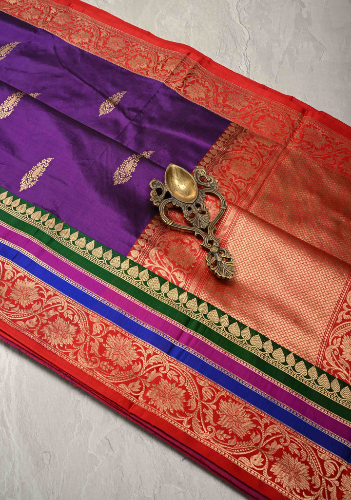 Purple Banarasi Katan Silk Saree with Jazi Buttas and Contrast Panel Border | SILK MARK CERTIFIED