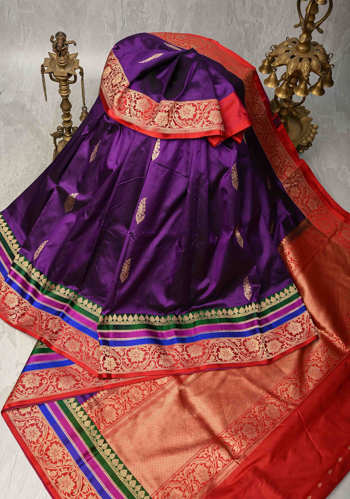 Purple Banarasi Katan Silk Saree with Jazi Buttas and Contrast Panel Border | SILK MARK CERTIFIED