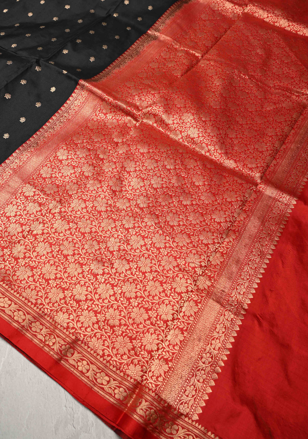 Black Pure Banarasi Katan Silk Saree with Floral Buttas and Minimal Zari Border | SILK MARK CERTIFIED