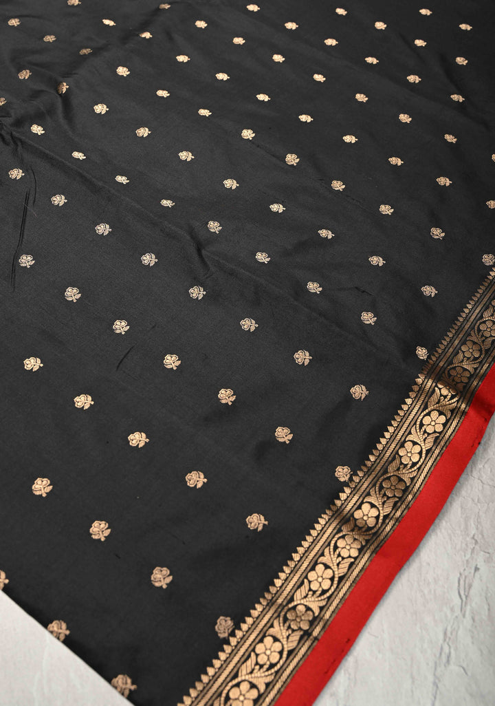 Black Pure Banarasi Katan Silk Saree with Floral Buttas and Minimal Zari Border | SILK MARK CERTIFIED