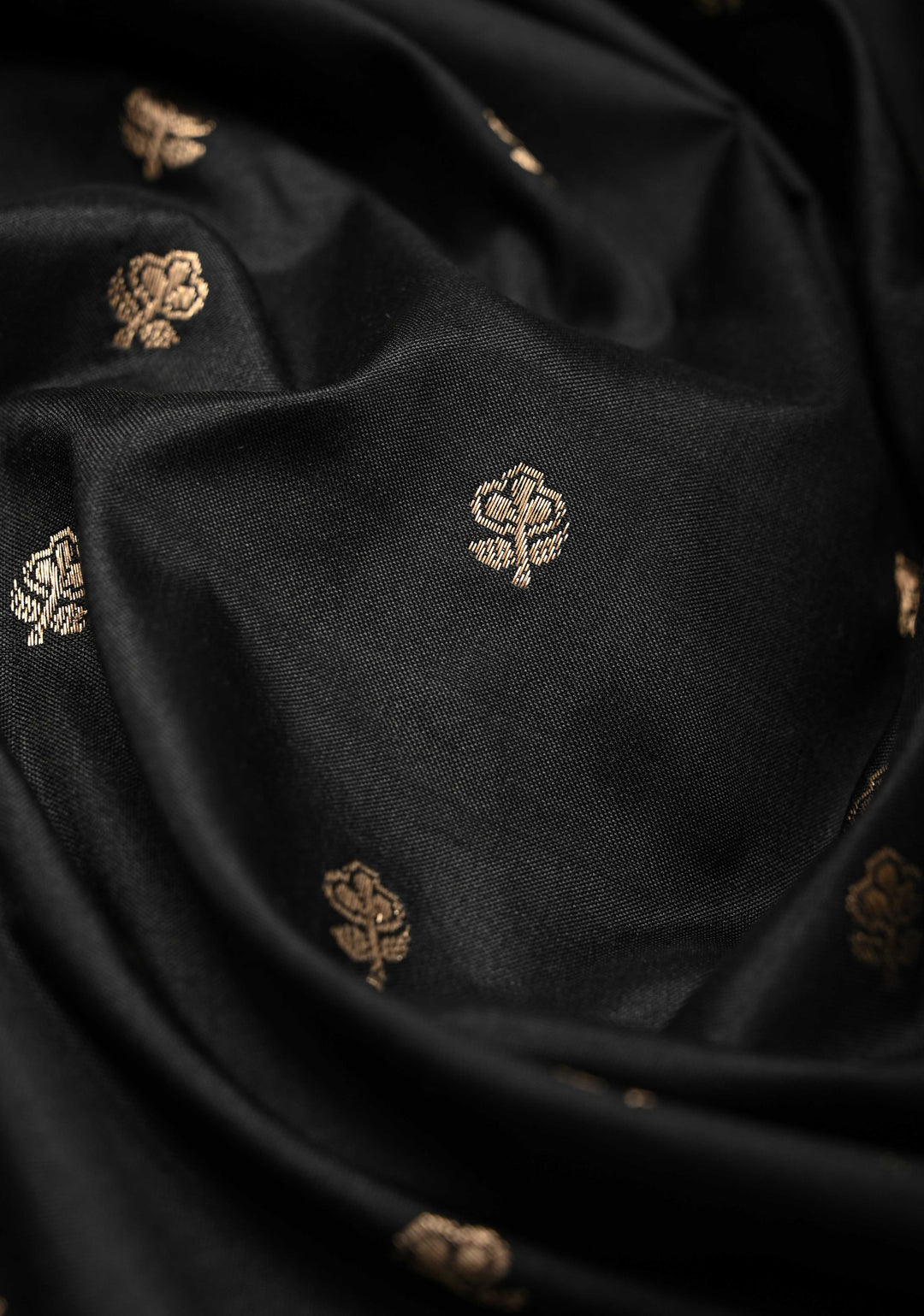 Black Pure Banarasi Katan Silk Saree with Floral Buttas and Minimal Zari Border | SILK MARK CERTIFIED