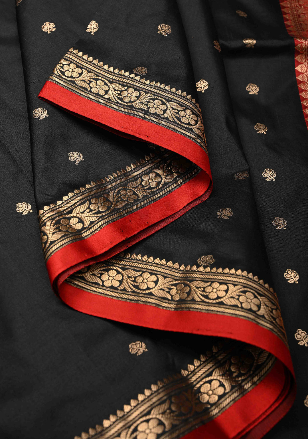 Black Pure Banarasi Katan Silk Saree with Floral Buttas and Minimal Zari Border | SILK MARK CERTIFIED