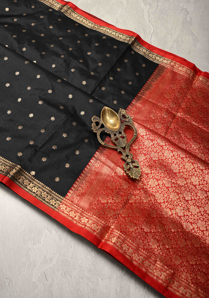 Black Pure Banarasi Katan Silk Saree with Floral Buttas and Minimal Zari Border | SILK MARK CERTIFIED