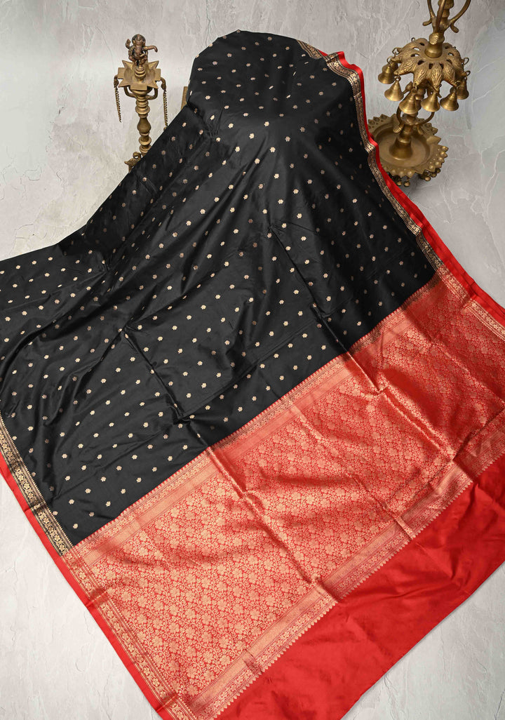 Black Pure Banarasi Katan Silk Saree with Floral Buttas and Minimal Zari Border | SILK MARK CERTIFIED