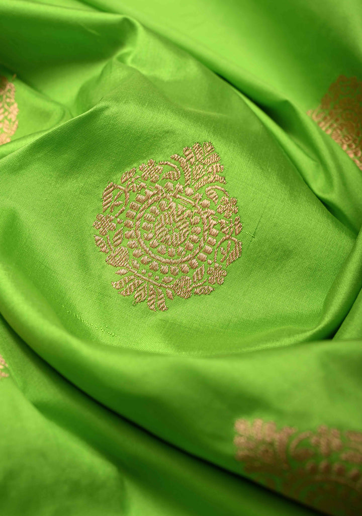 Chartreuse Katan Silk Handloom Saree with Zari Buttas and Contrast Zari Border | SILK MARK CERTIFIED