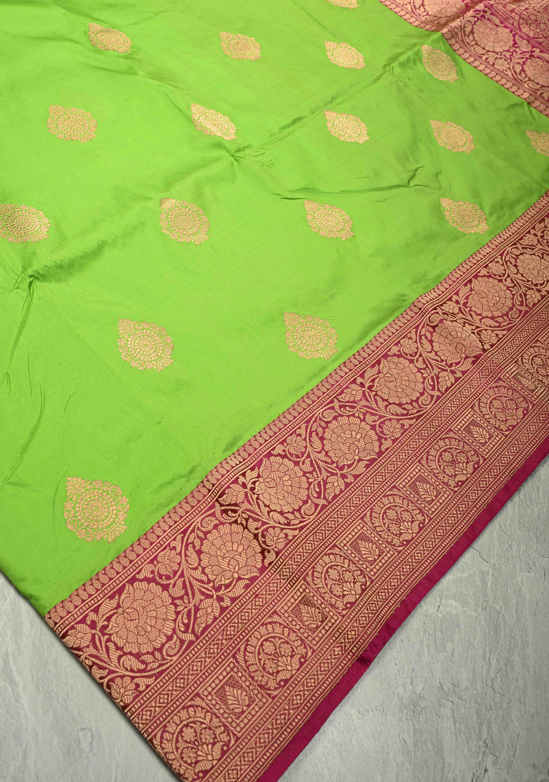 Chartreuse Katan Silk Handloom Saree with Zari Buttas and Contrast Zari Border | SILK MARK CERTIFIED