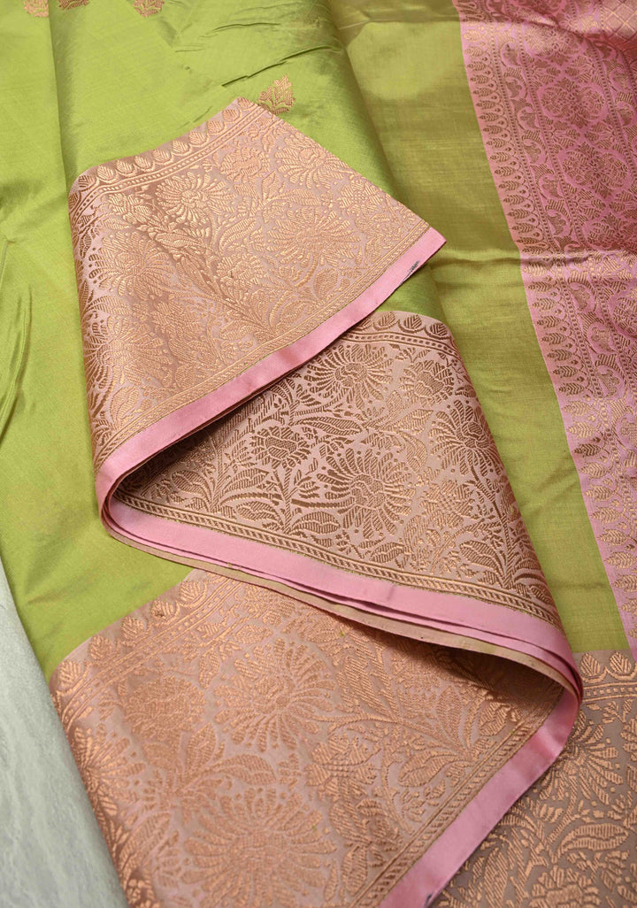 Pista Green Banarasi Katan Silk Saree with Floral Zari Buttas and Contrast Zari Border | SILK MARK CERTIFIED