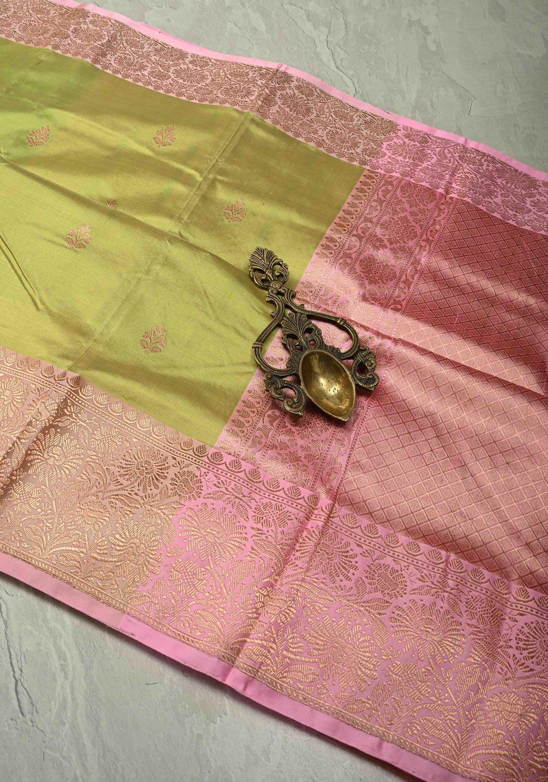 Pista Green Banarasi Katan Silk Saree with Floral Zari Buttas and Contrast Zari Border | SILK MARK CERTIFIED