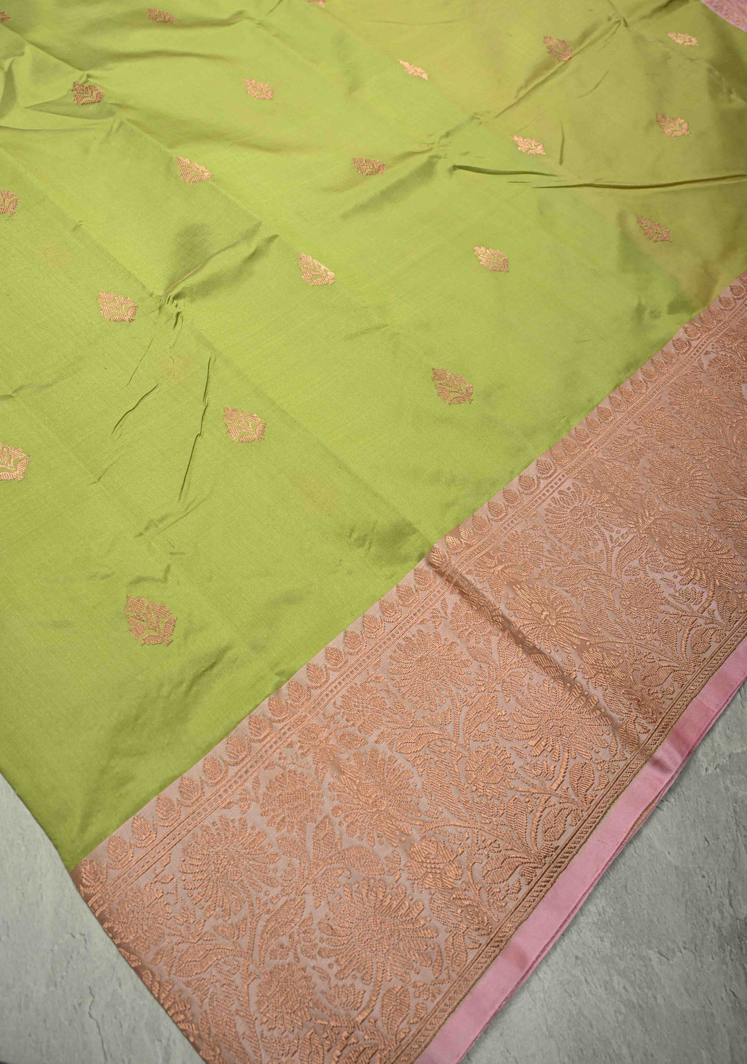 Pista Green Banarasi Katan Silk Saree with Floral Zari Buttas and Contrast Zari Border | SILK MARK CERTIFIED