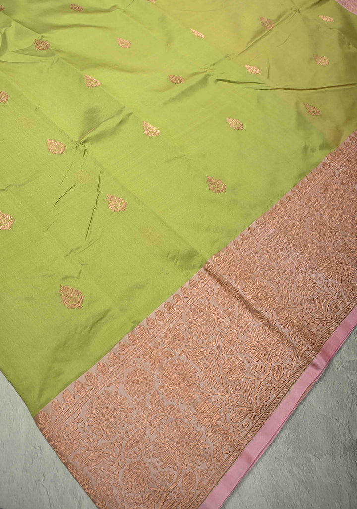 Pista Green Banarasi Katan Silk Saree with Floral Zari Buttas and Contrast Zari Border | SILK MARK CERTIFIED
