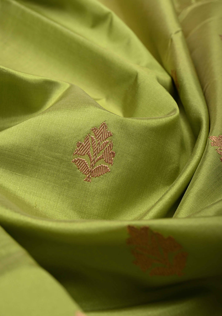 Pista Green Banarasi Katan Silk Saree with Floral Zari Buttas and Contrast Zari Border | SILK MARK CERTIFIED