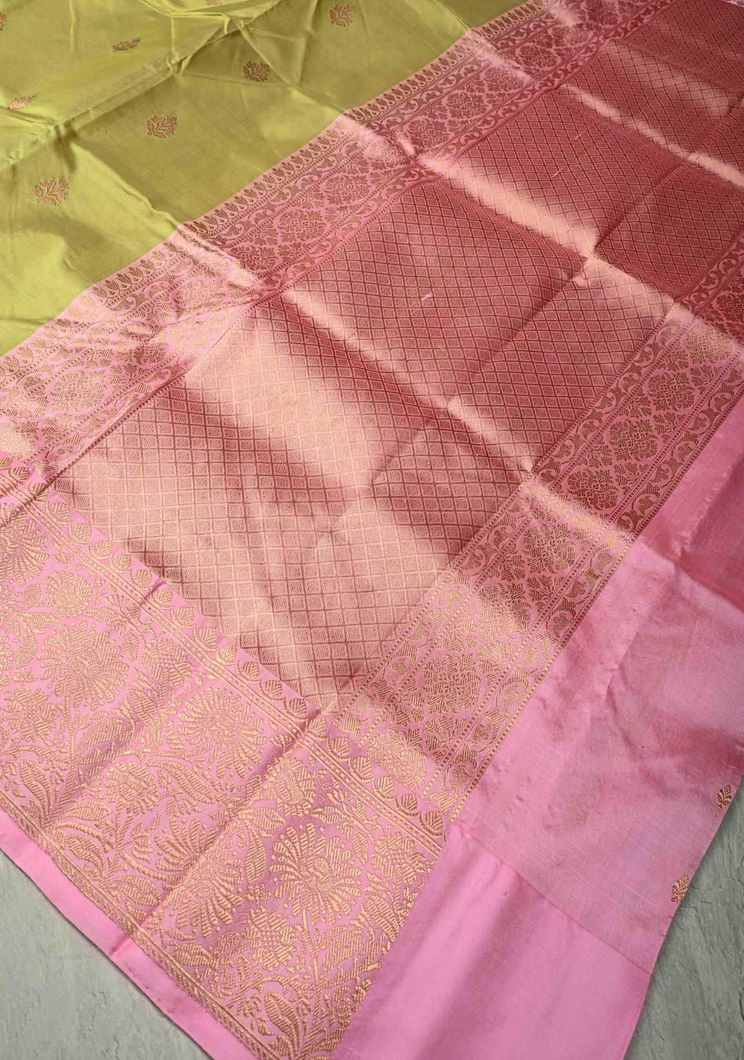 Pista Green Banarasi Katan Silk Saree with Floral Zari Buttas and Contrast Zari Border | SILK MARK CERTIFIED