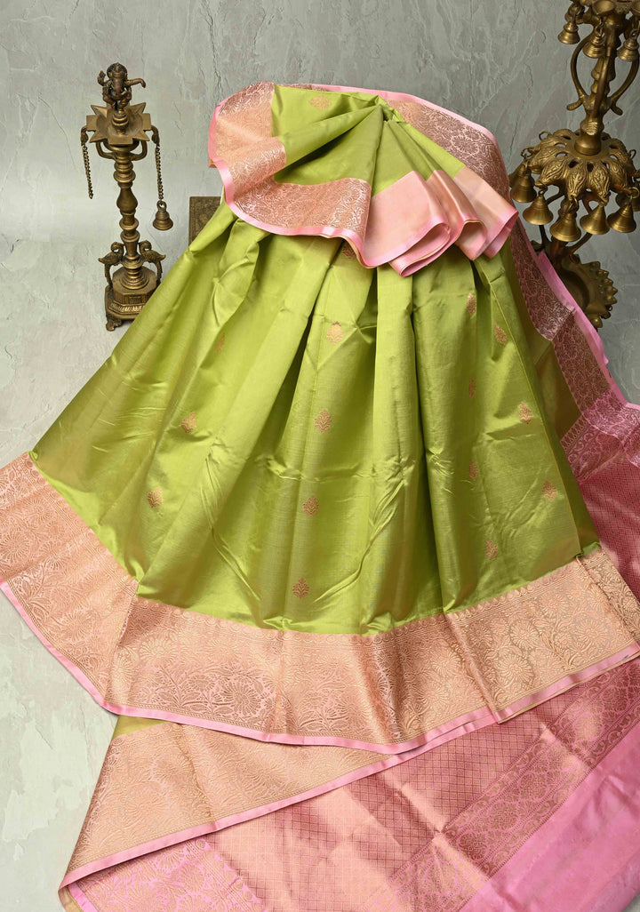 Pista Green Banarasi Katan Silk Saree with Floral Zari Buttas and Contrast Zari Border | SILK MARK CERTIFIED