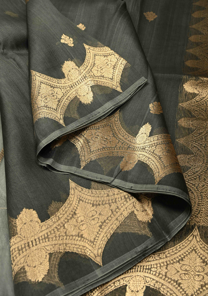 Gray Pure Banarasi Organza Silk Saree with Floral Zari Buttas and Zari Border | SILK MARK CERTIFIED
