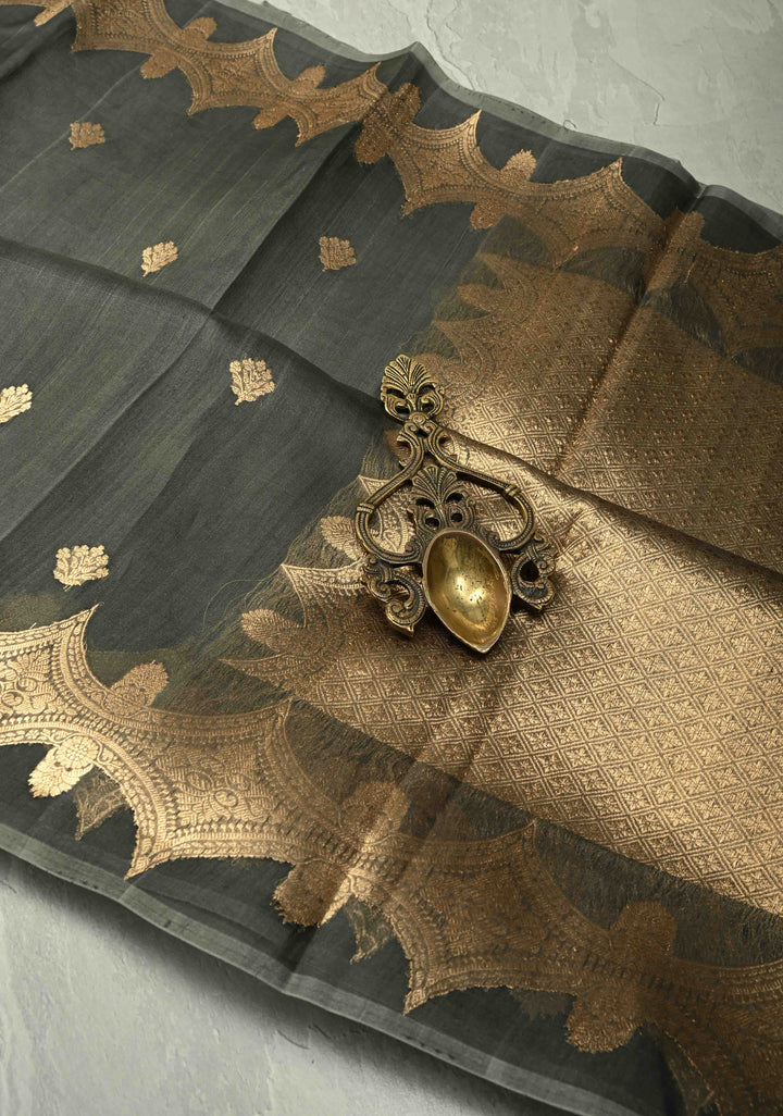 Gray Pure Banarasi Organza Silk Saree with Floral Zari Buttas and Zari Border | SILK MARK CERTIFIED