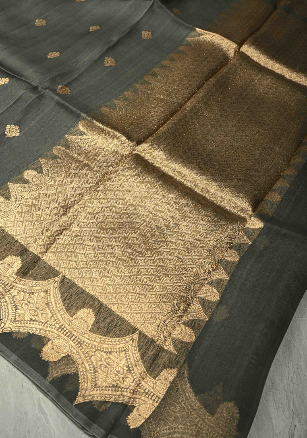 Gray Pure Banarasi Organza Silk Saree with Floral Zari Buttas and Zari Border | SILK MARK CERTIFIED