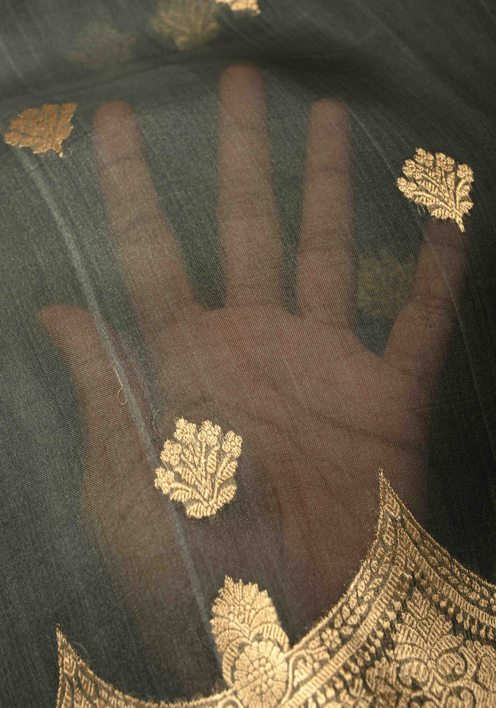 Gray Pure Banarasi Organza Silk Saree with Floral Zari Buttas and Zari Border | SILK MARK CERTIFIED