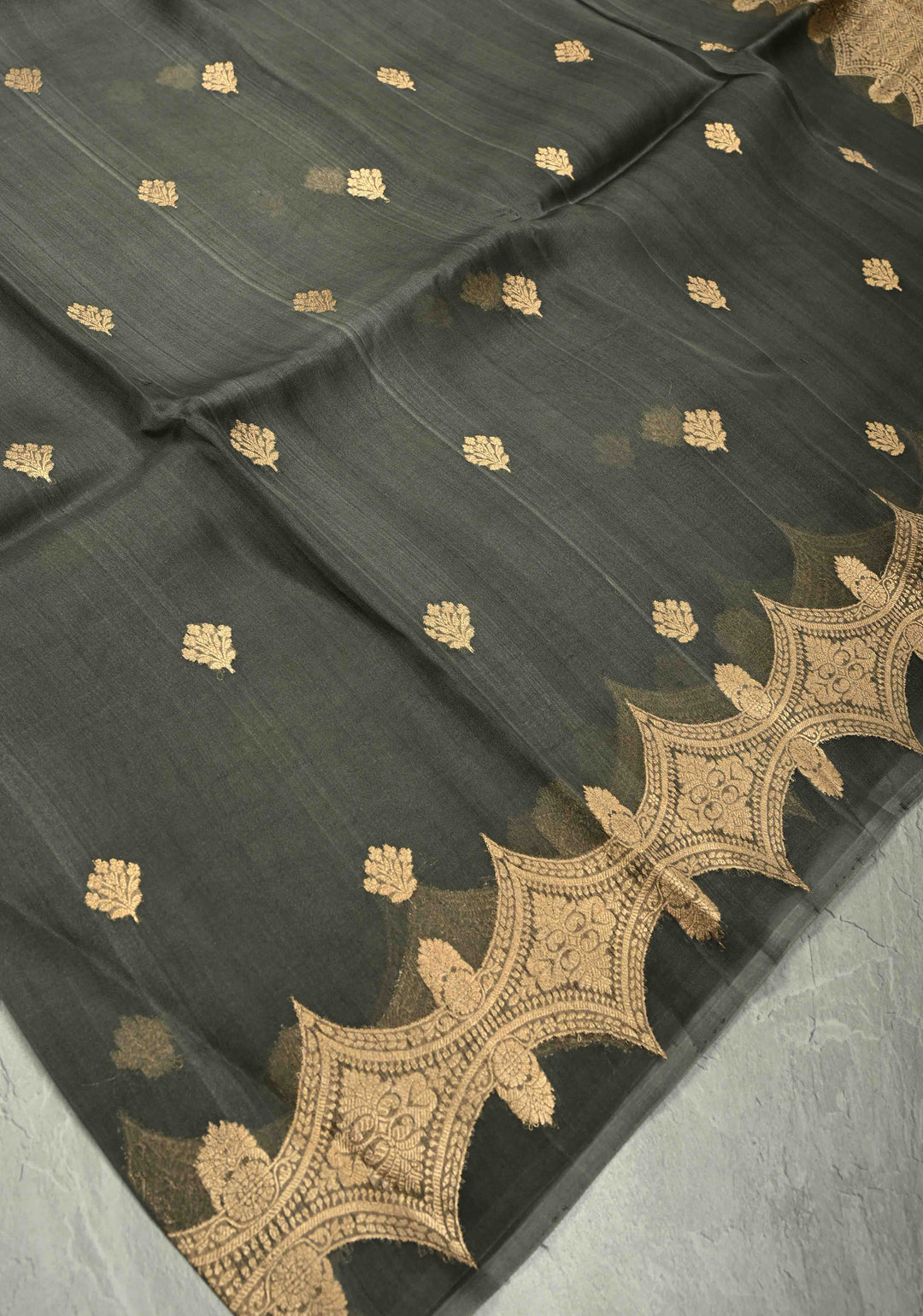 Gray Pure Banarasi Organza Silk Saree with Floral Zari Buttas and Zari Border | SILK MARK CERTIFIED