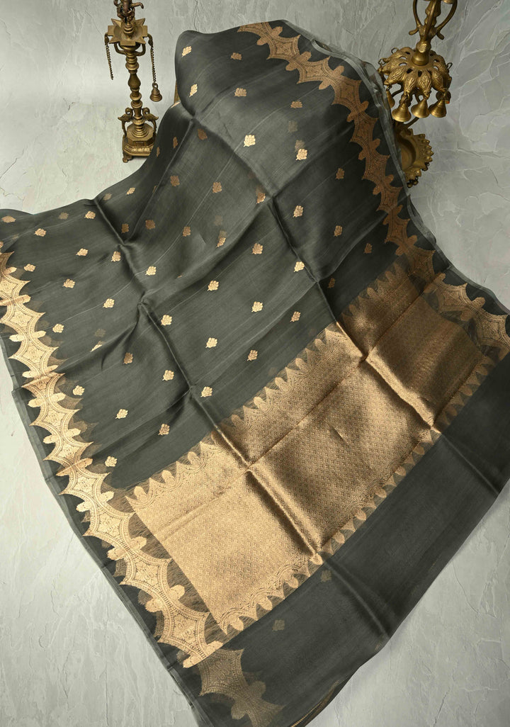 Gray Pure Banarasi Organza Silk Saree with Floral Zari Buttas and Zari Border | SILK MARK CERTIFIED