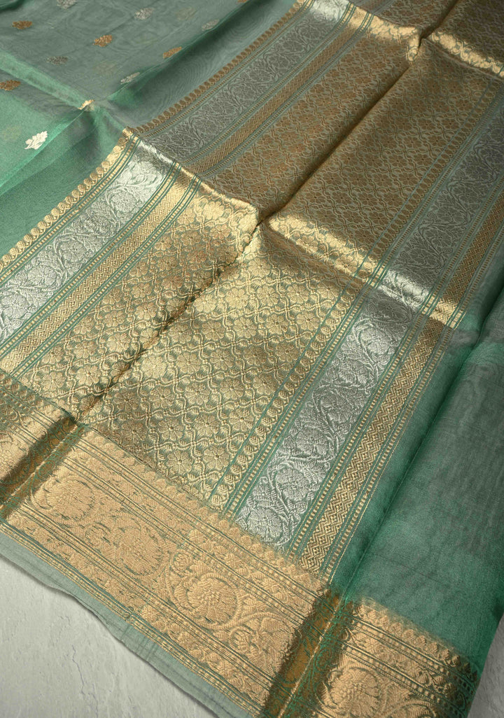 Sage Green Pure Banarasi Organza Tissue Silk Saree with Sona Rupa Buttas and Zari Border | SILK MARK CERTIFIED | SHOBITAM