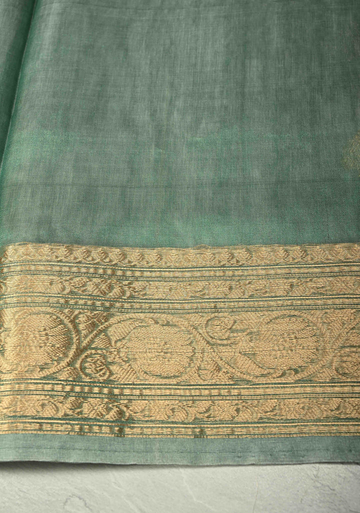 Sage Green Pure Banarasi Organza Tissue Silk Saree with Sona Rupa Buttas and Zari Border | SILK MARK CERTIFIED